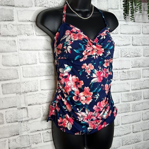 Merona Floral Rouched Tankini Halter Top Bikini Size Medium - Picture 2 of 5